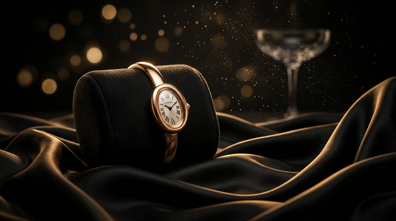 A gold tank-style dress watch resting on black silk beside a champagne coupe