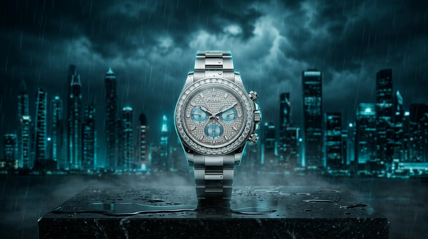 A luxury GMT sports watch on a rain-soaked stone ledge above a storm-lit city skyline